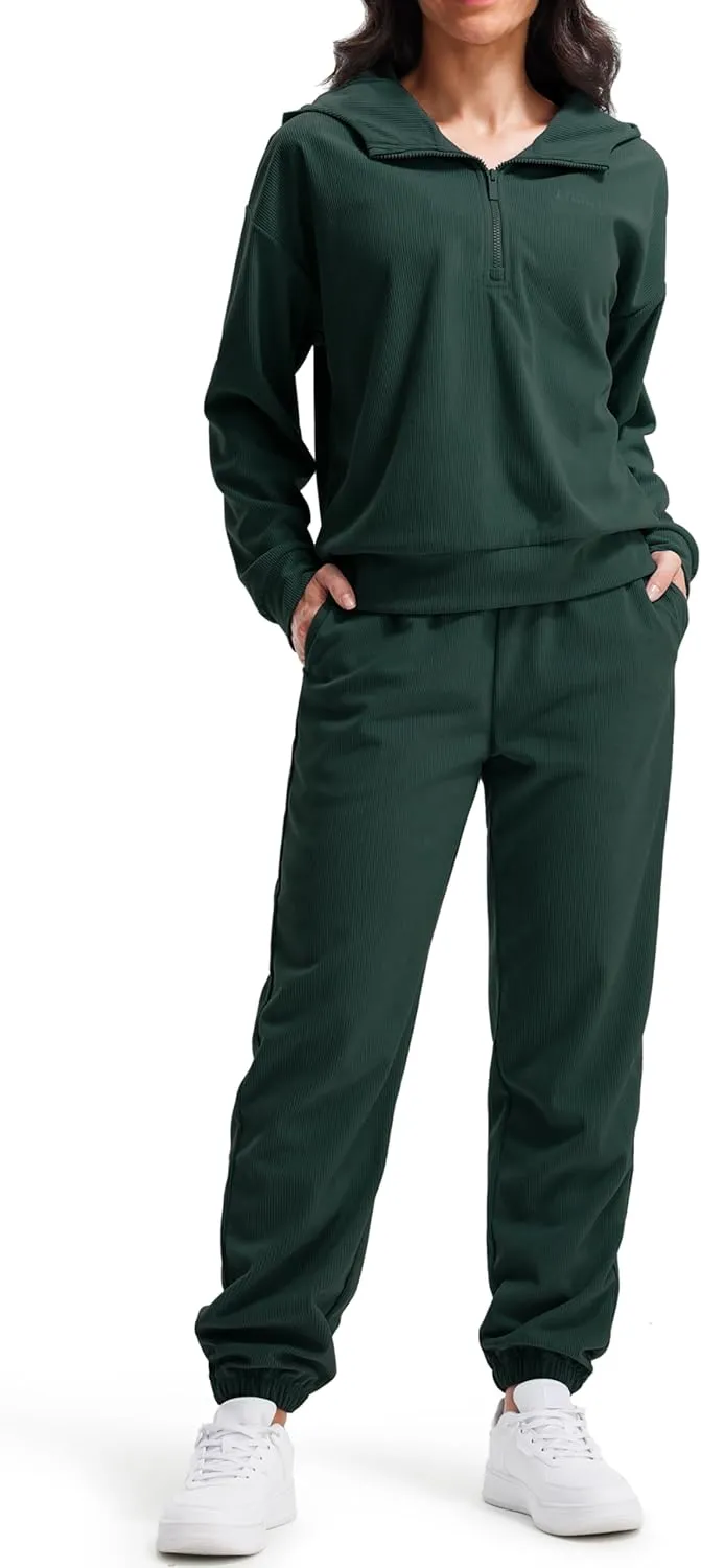 Libin Women's 2 Piece Sweatsuits Lounge Sets Corduroy Half Zip Hoodie Sweatshirt Sweatpants With Pockets Fall Outfits