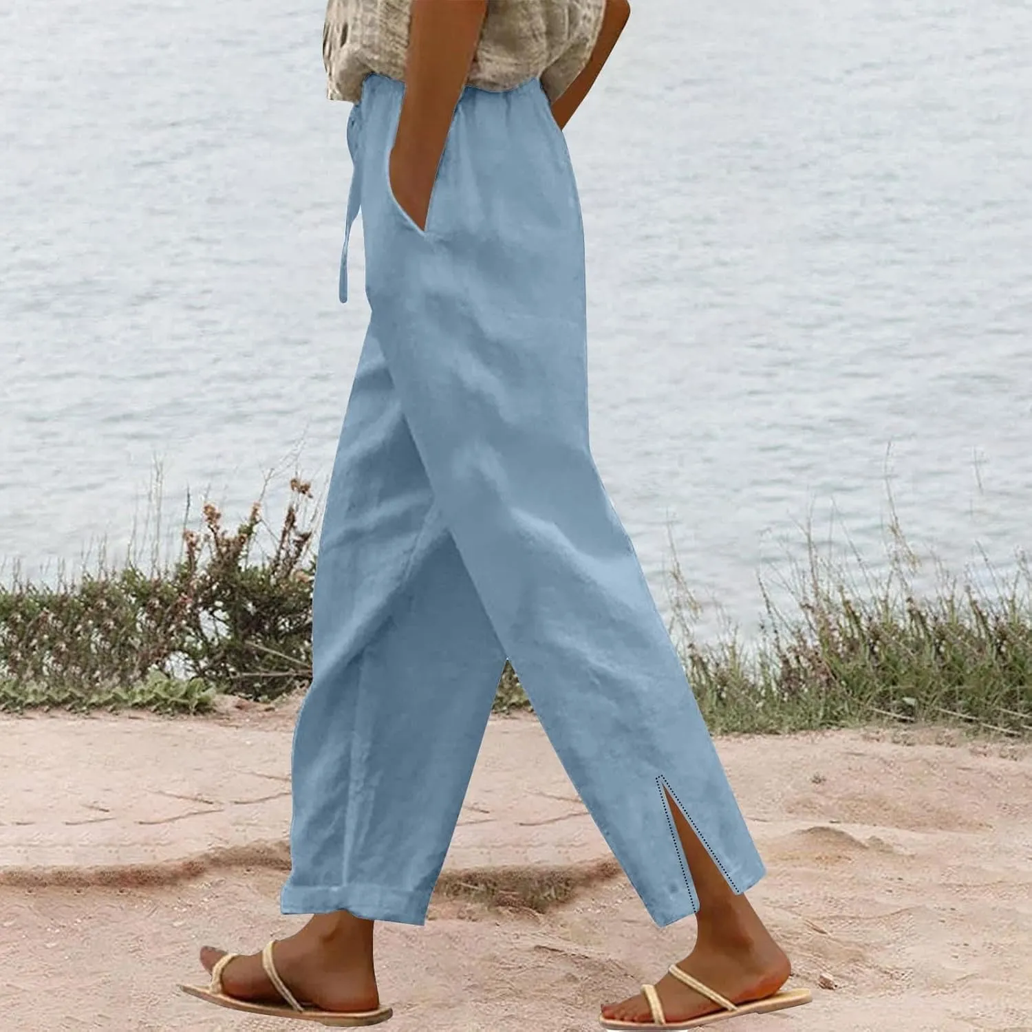 Lightweight Casual Linen Pants for Women Summer Stretchy Drawstring Hem Ankle Trousers Travel Beach Home Casual Pants