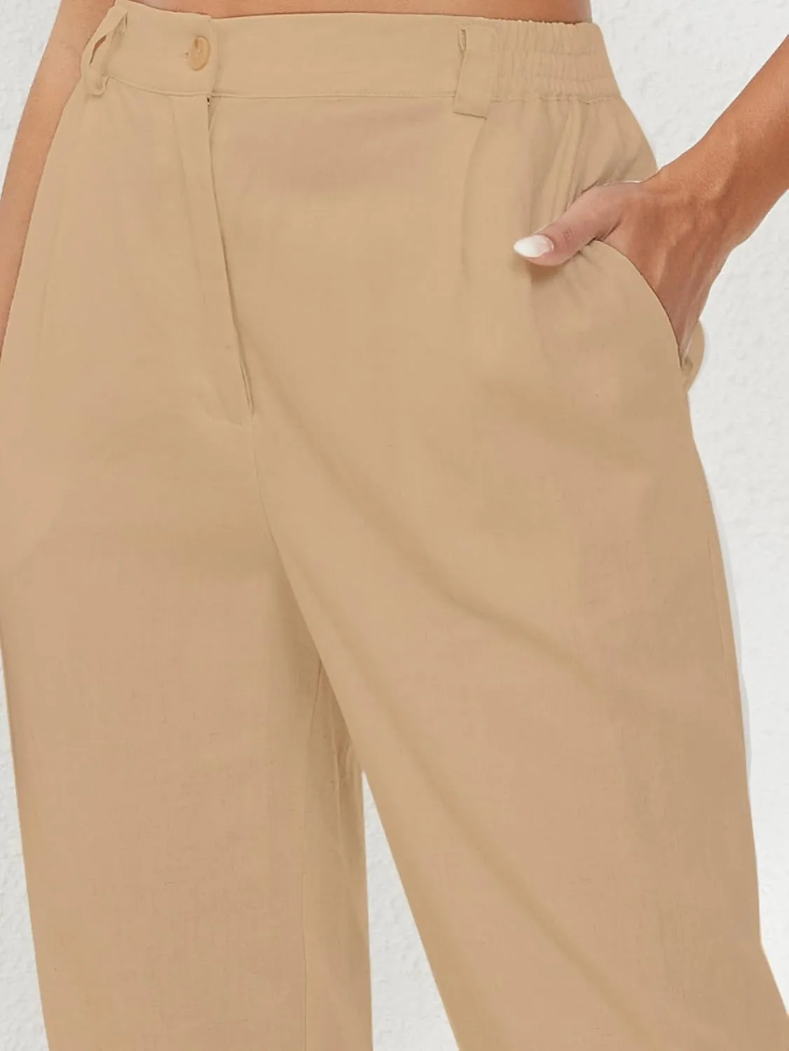 Linen Capri Pants for Women Petite Straight Leg High Waist Button Pant Business Work Trousers with Pockets