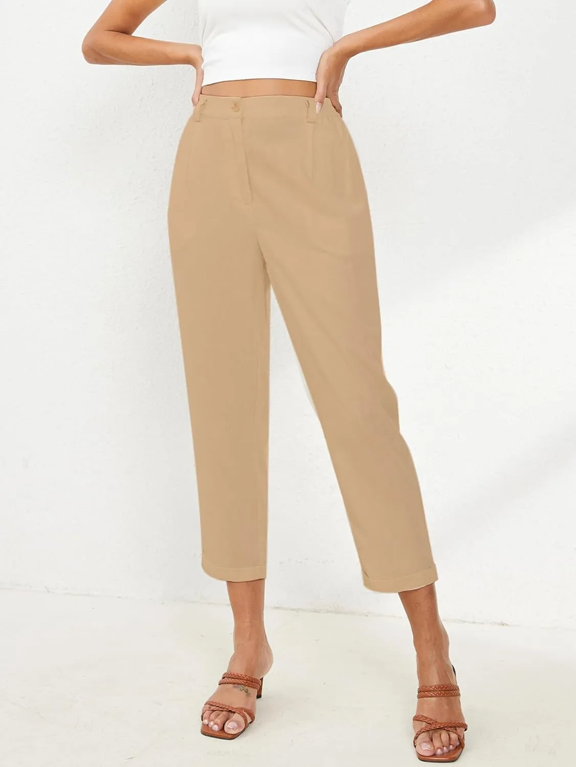 Linen Capri Pants for Women Petite Straight Leg High Waist Button Pant Business Work Trousers with Pockets