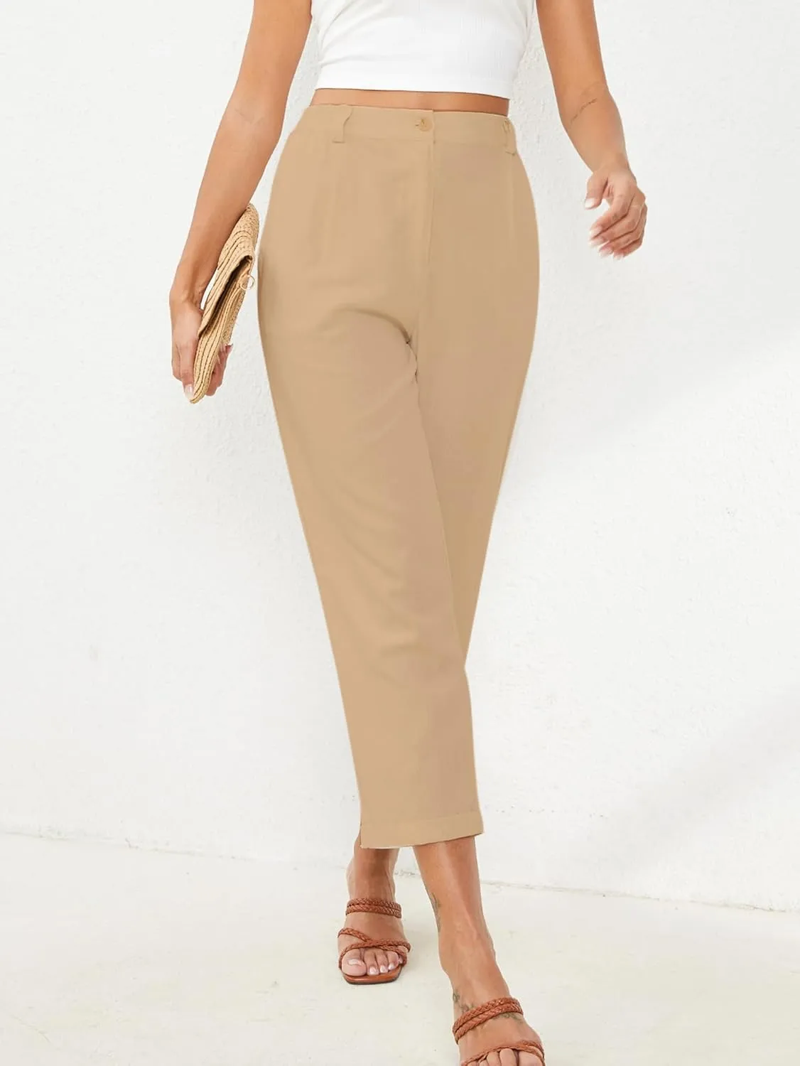 Linen Capri Pants for Women Petite Straight Leg High Waist Button Pant Business Work Trousers with Pockets