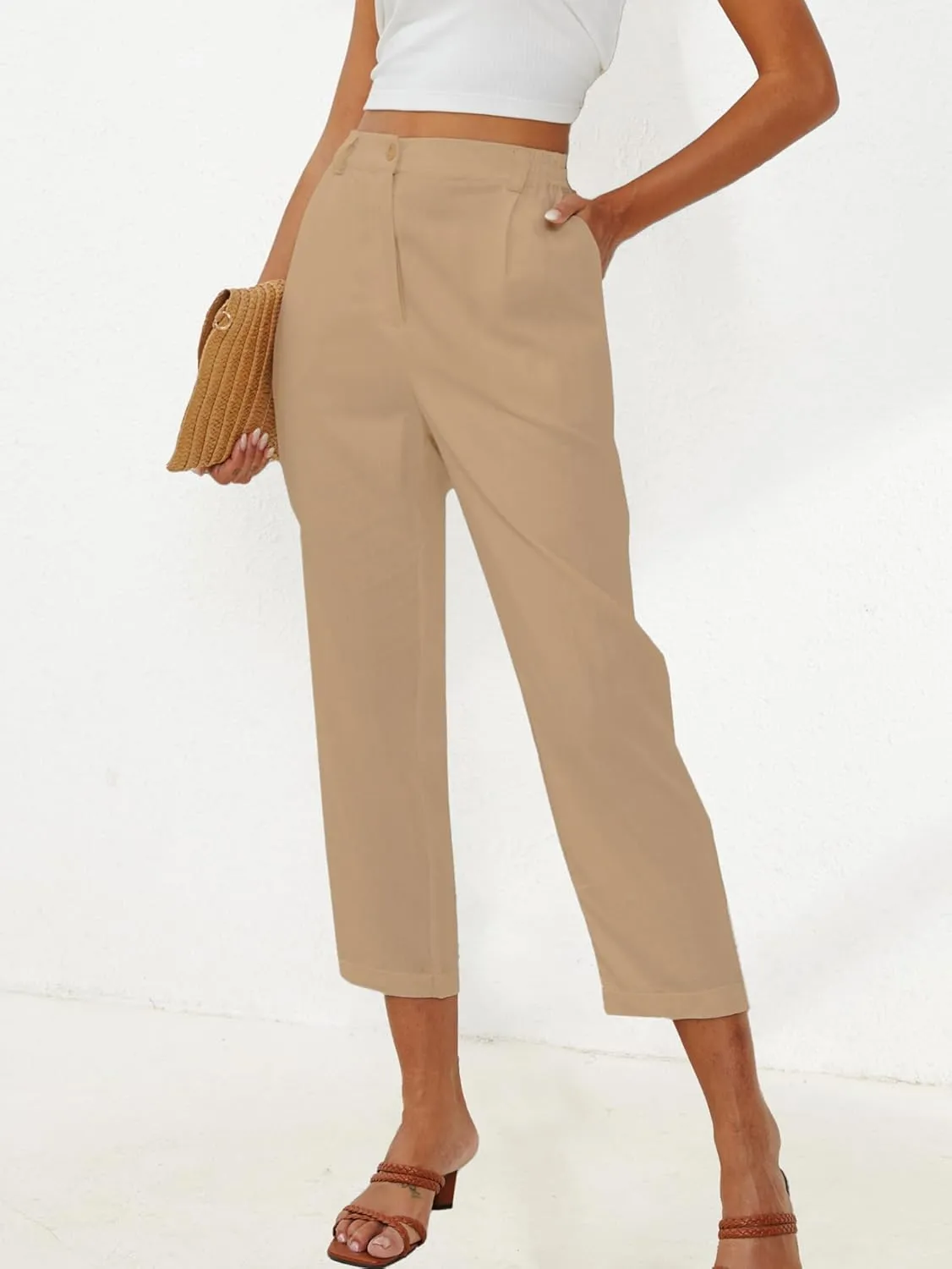 Linen Capri Pants for Women Petite Straight Leg High Waist Button Pant Business Work Trousers with Pockets