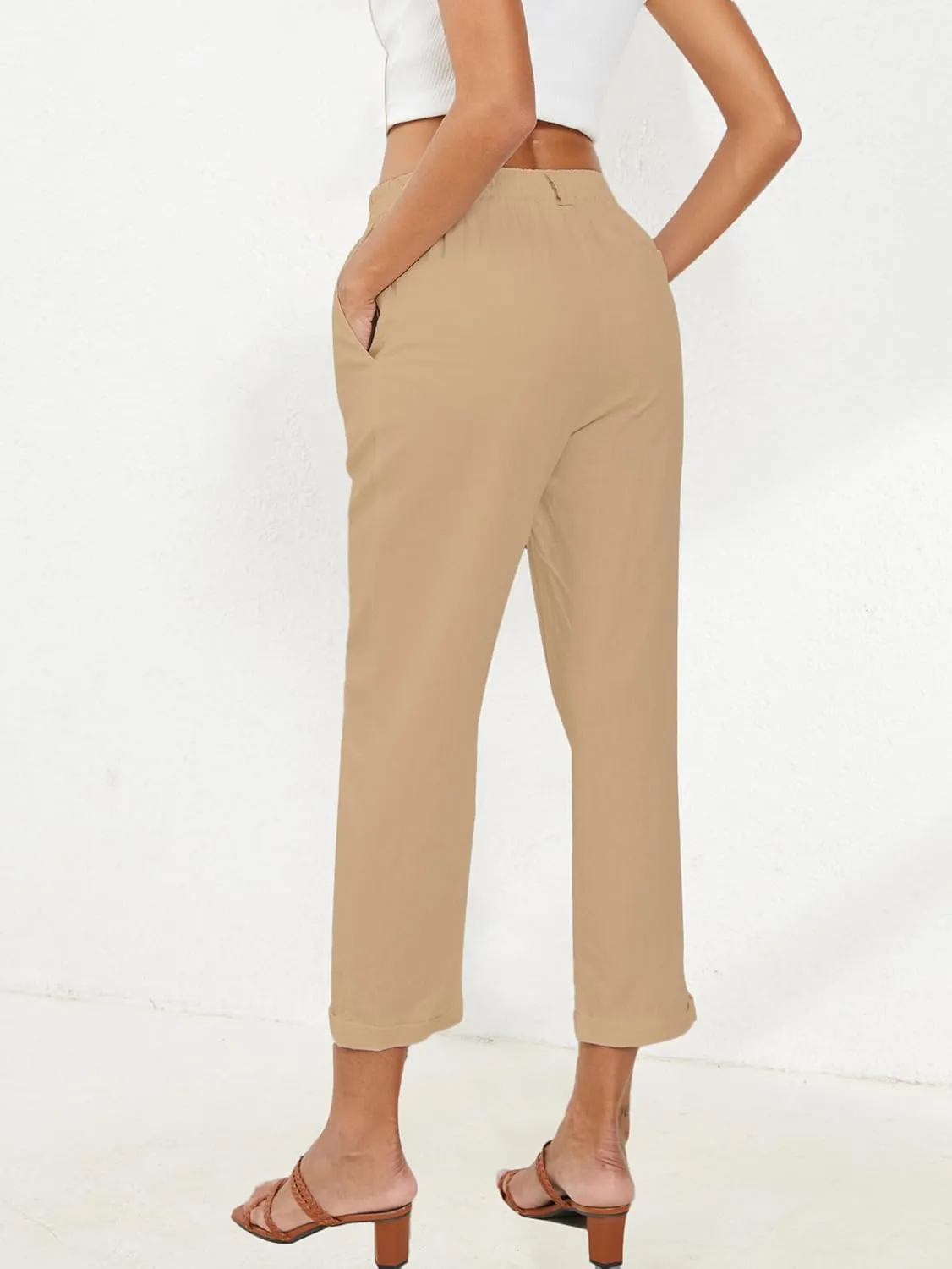 Linen Capri Pants for Women Petite Straight Leg High Waist Button Pant Business Work Trousers with Pockets