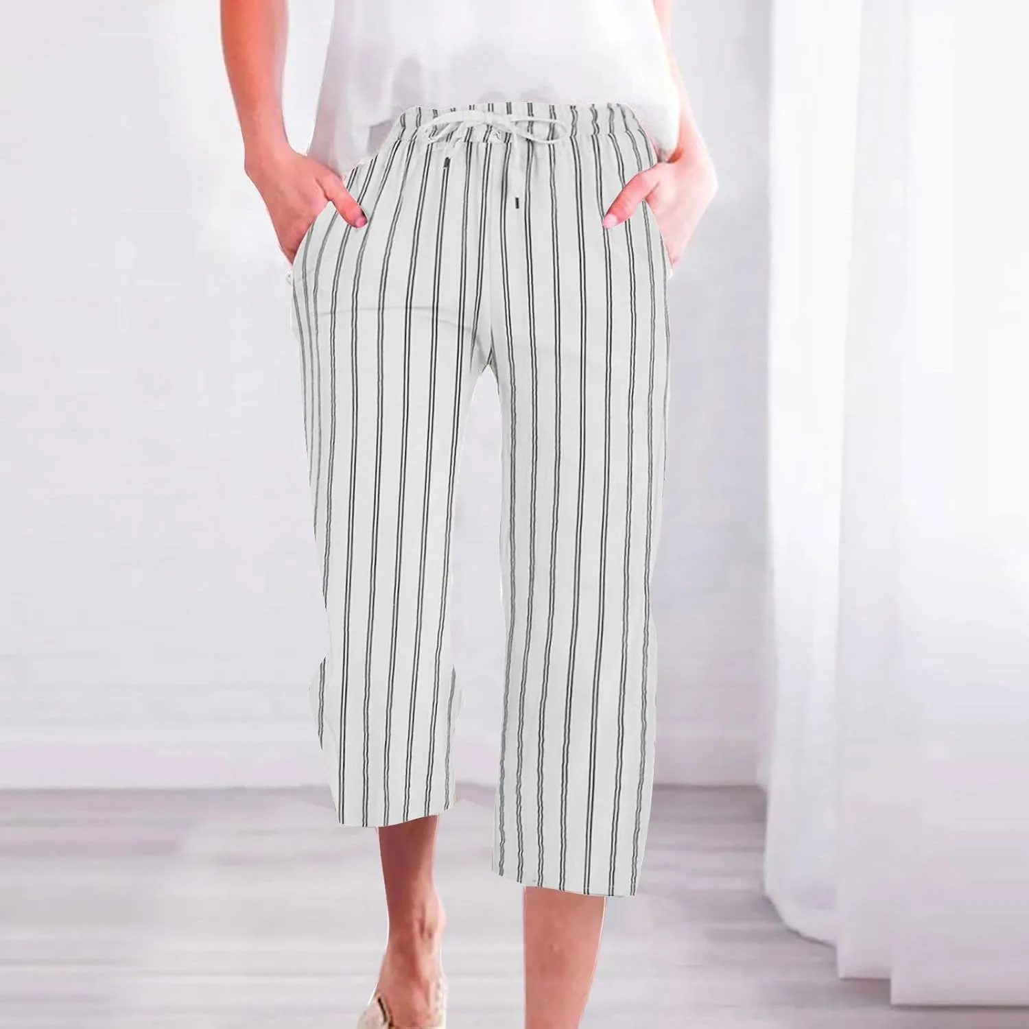 Linen Capri Pants for Women Summer Elastic Waist Casual Straight Leg Drawstring Beach Cropped Trousers with Pockets