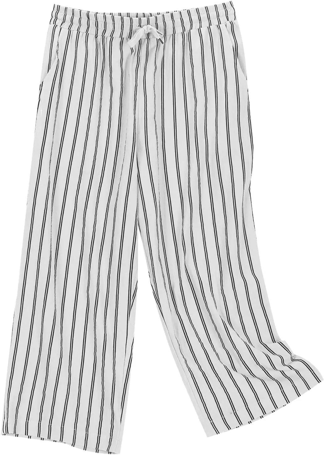 Linen Capri Pants for Women Summer Elastic Waist Casual Straight Leg Drawstring Beach Cropped Trousers with Pockets