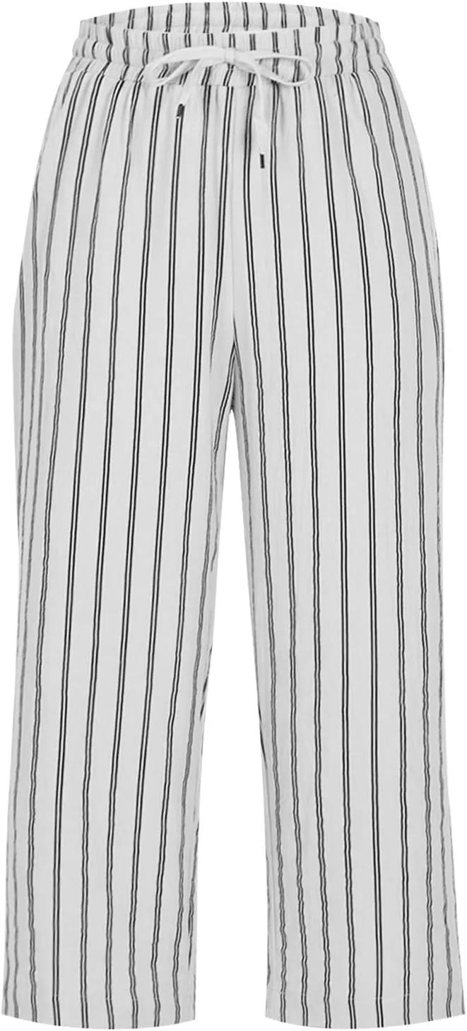 Linen Capri Pants for Women Summer Elastic Waist Casual Straight Leg Drawstring Beach Cropped Trousers with Pockets