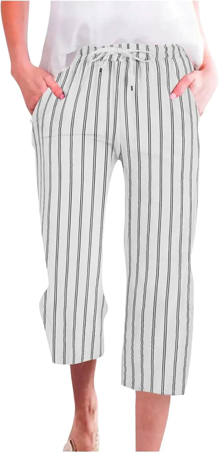 Linen Capri Pants for Women Summer Elastic Waist Casual Straight Leg Drawstring Beach Cropped Trousers with Pockets