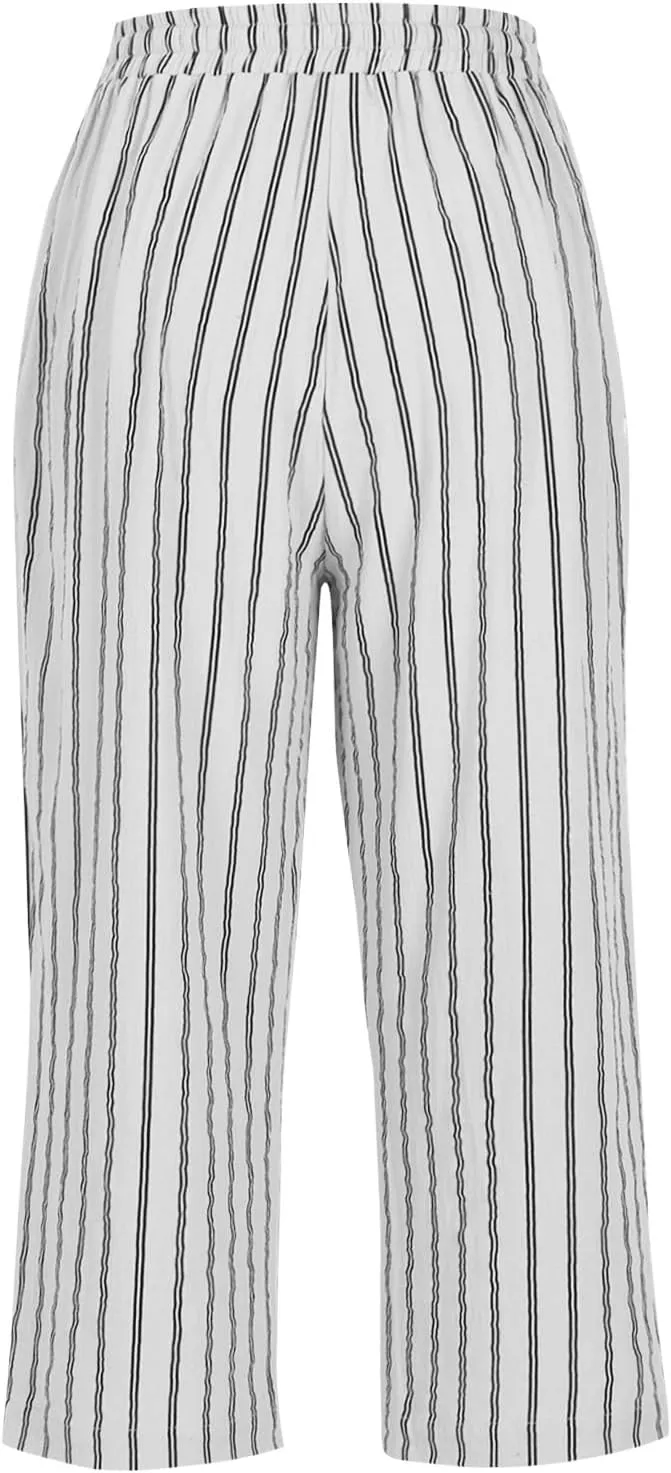 Linen Capri Pants for Women Summer Elastic Waist Casual Straight Leg Drawstring Beach Cropped Trousers with Pockets