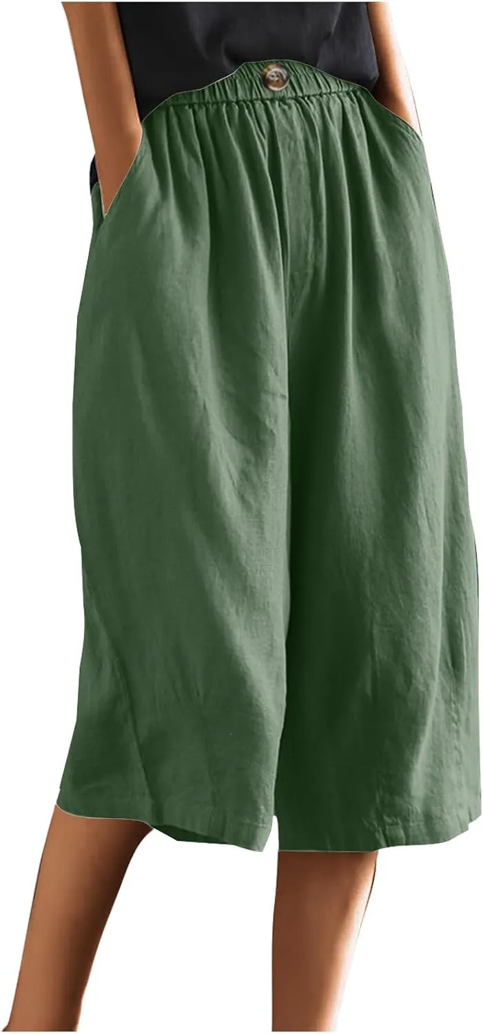 Linen Capri Pants for Women Wide Leg Elastic Waist Lounge Capris Baggy Lightweight Casual Summer Cropped Trouser 2025