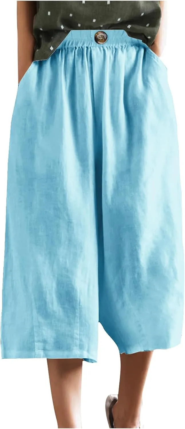 Linen Capri Pants for Women Wide Leg Elastic Waist Lounge Capris Baggy Lightweight Casual Summer Cropped Trouser 2025