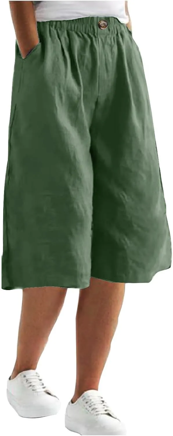 Linen Capri Pants for Women Wide Leg Elastic Waist Lounge Capris Baggy Lightweight Casual Summer Cropped Trouser 2025