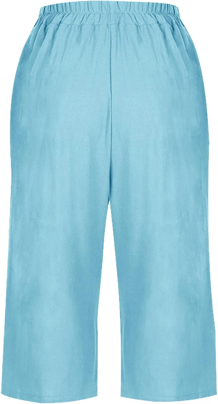 Linen Capri Pants for Women Wide Leg Elastic Waist Lounge Capris Baggy Lightweight Casual Summer Cropped Trouser 2025