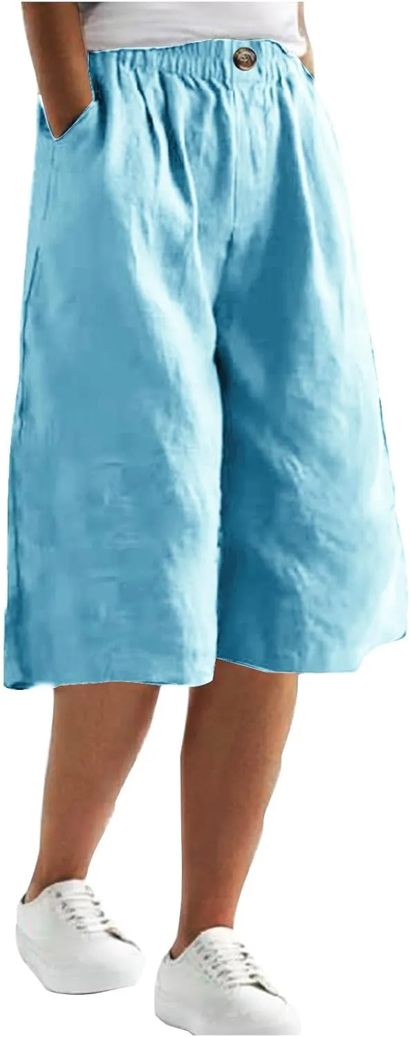 Linen Capri Pants for Women Wide Leg Elastic Waist Lounge Capris Baggy Lightweight Casual Summer Cropped Trouser 2025
