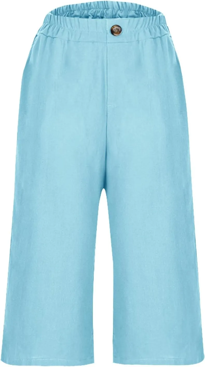 Linen Capri Pants for Women Wide Leg Elastic Waist Lounge Capris Baggy Lightweight Casual Summer Cropped Trouser 2025