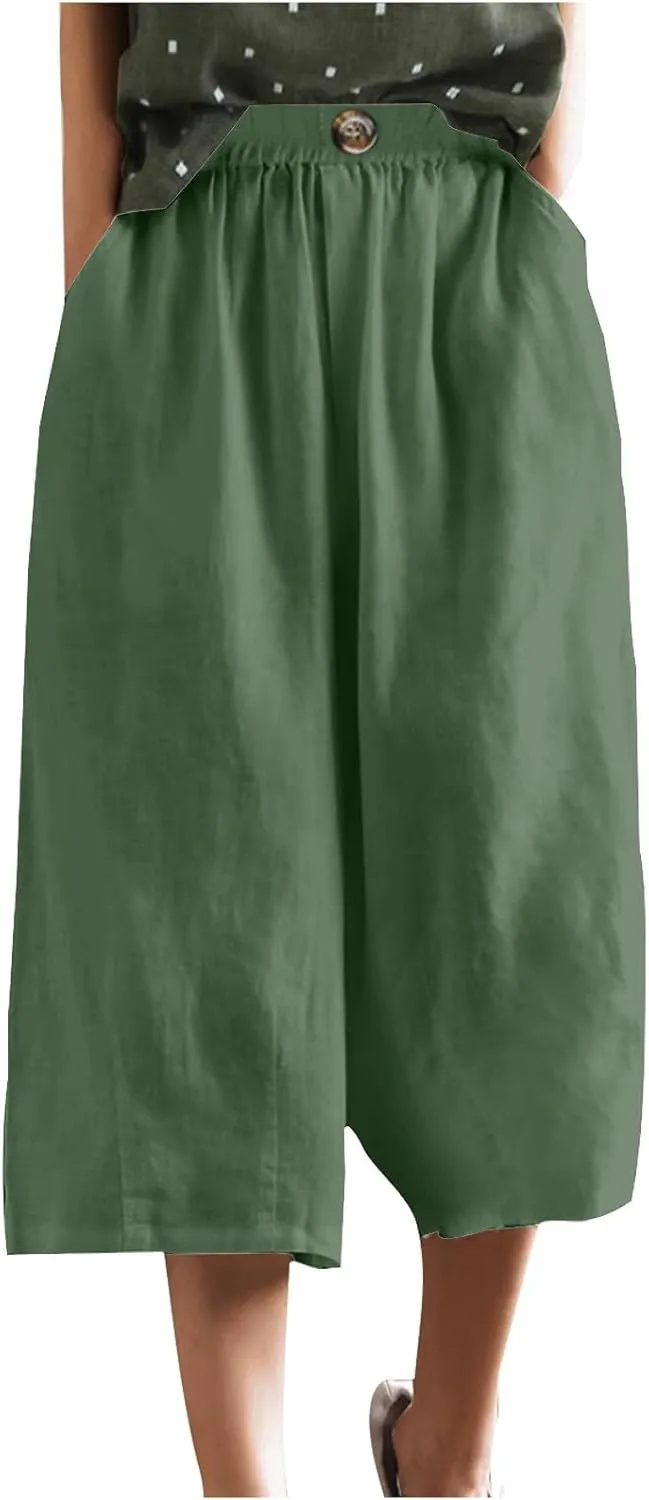 Linen Capri Pants for Women Wide Leg Elastic Waist Lounge Capris Baggy Lightweight Casual Summer Cropped Trouser 2025