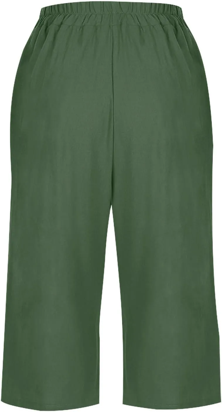 Linen Capri Pants for Women Wide Leg Elastic Waist Lounge Capris Baggy Lightweight Casual Summer Cropped Trouser 2025