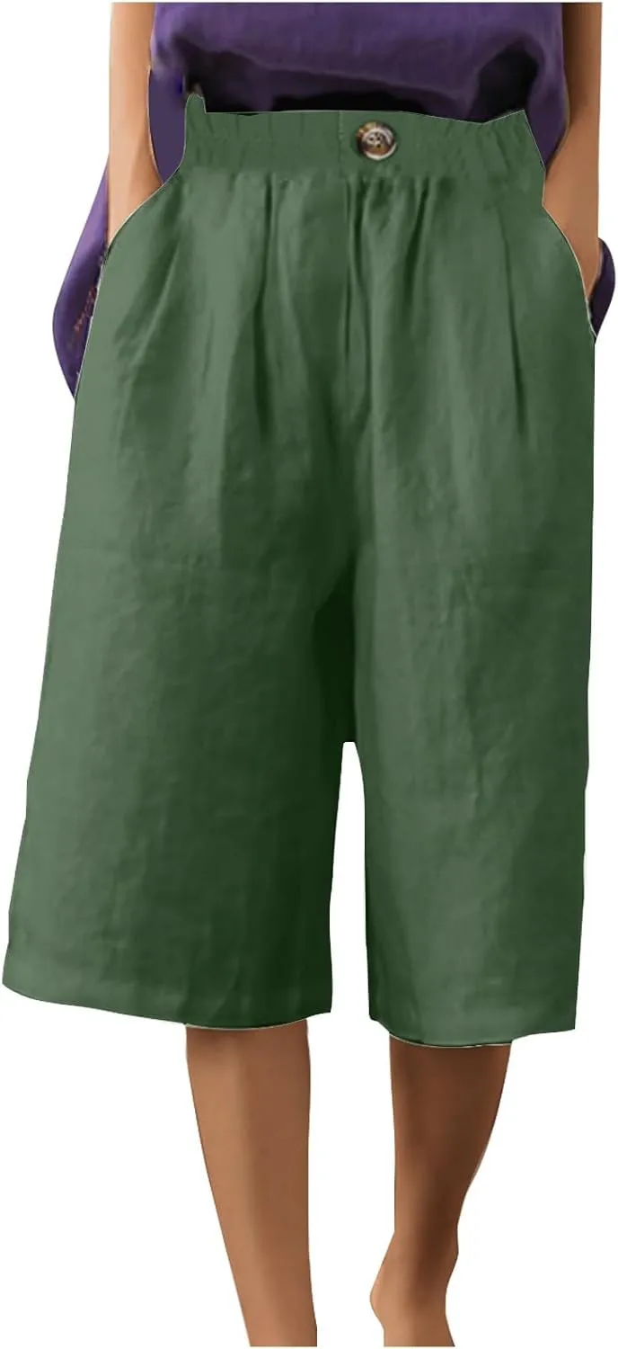 Linen Capri Pants for Women Wide Leg Elastic Waist Lounge Capris Baggy Lightweight Casual Summer Cropped Trouser 2025