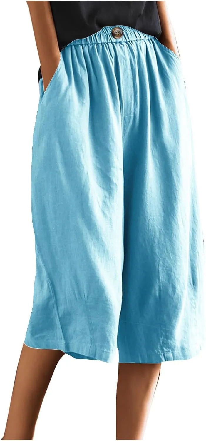 Linen Capri Pants for Women Wide Leg Elastic Waist Lounge Capris Baggy Lightweight Casual Summer Cropped Trouser 2025