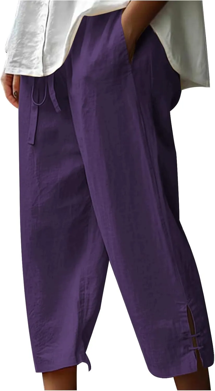 Linen Capri Pants Women Summer 2025 Drawstring High Waist Lounge Pant Wide Leg Beach Resort Wear Cropped Trousers