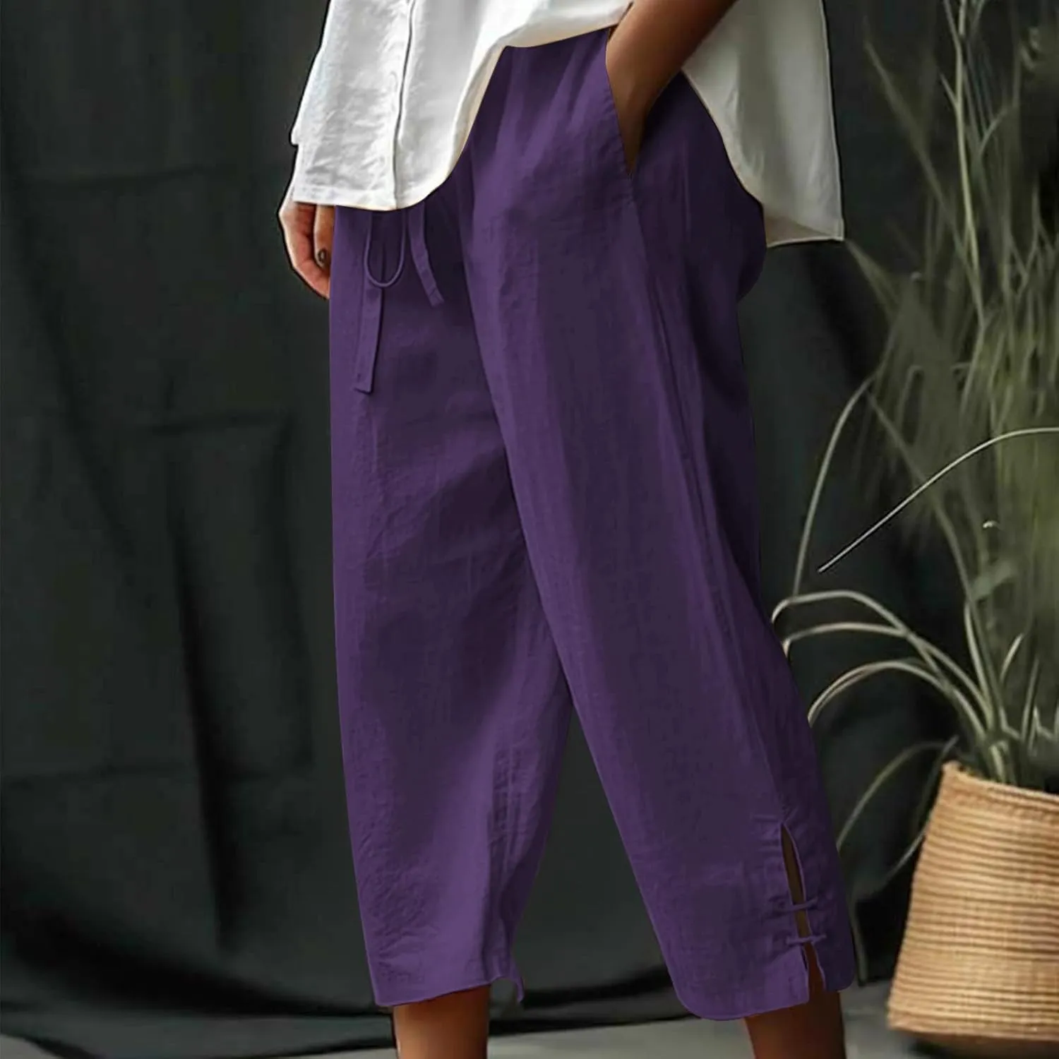 Linen Capri Pants Women Summer 2025 Drawstring High Waist Lounge Pant Wide Leg Beach Resort Wear Cropped Trousers