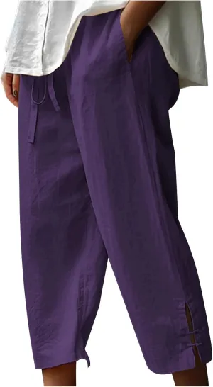 Linen Capri Pants Women Summer 2025 Drawstring High Waist Lounge Pant Wide Leg Beach Resort Wear Cropped Trousers