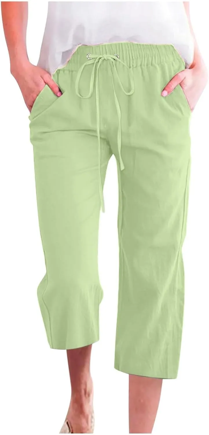 Linen Capris Pants for Women High Waisted Palazzo Trousers Casual Loose Drawstring Elasticated Beach Capris Pant with Pockets
