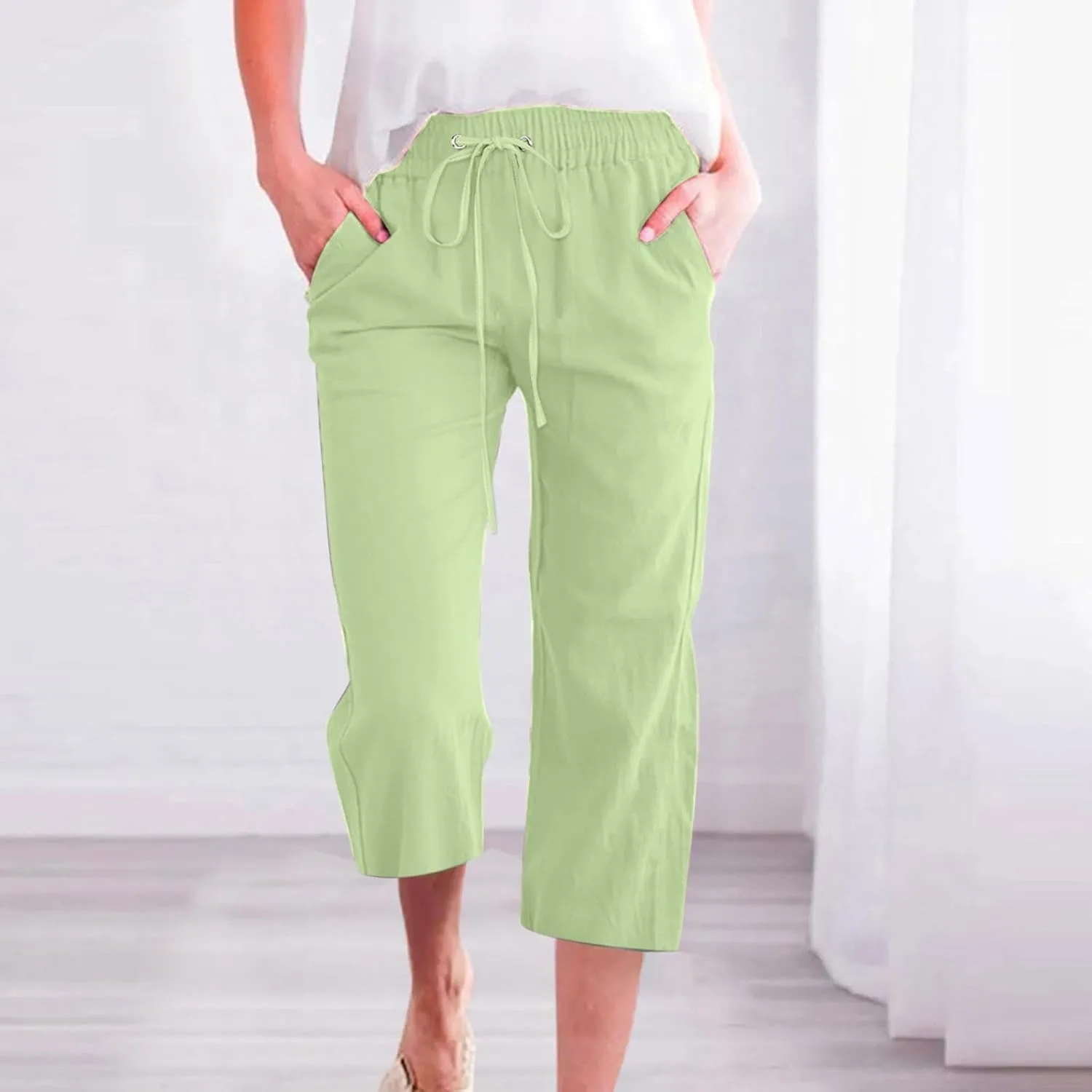Linen Capris Pants for Women High Waisted Palazzo Trousers Casual Loose Drawstring Elasticated Beach Capris Pant with Pockets