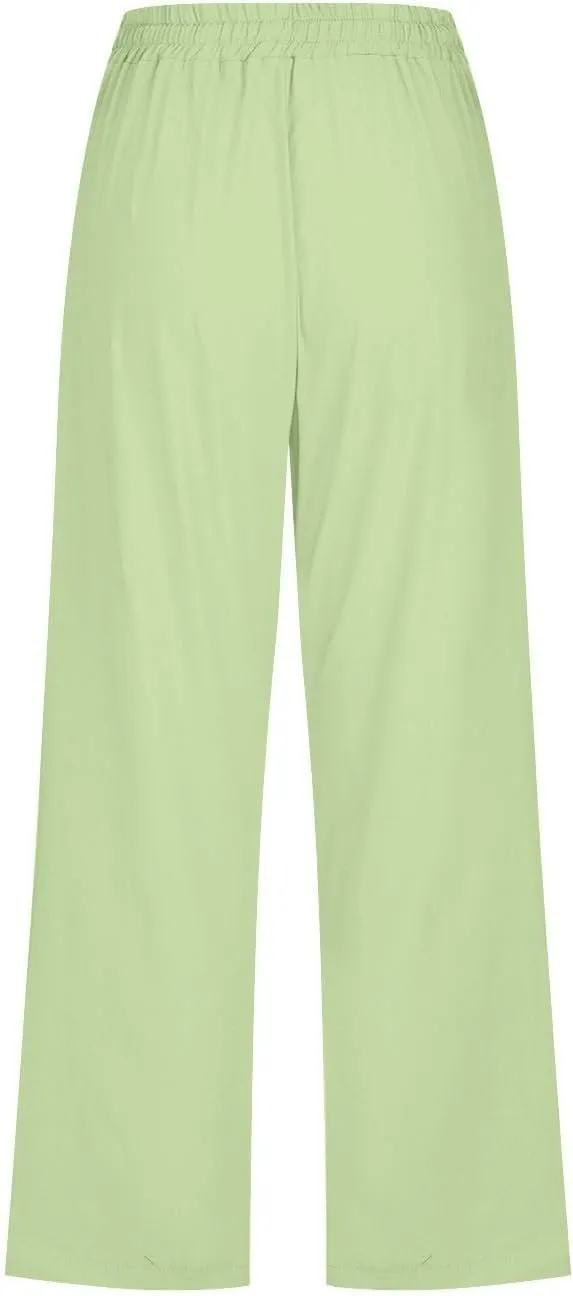 Linen Capris Pants for Women High Waisted Palazzo Trousers Casual Loose Drawstring Elasticated Beach Capris Pant with Pockets