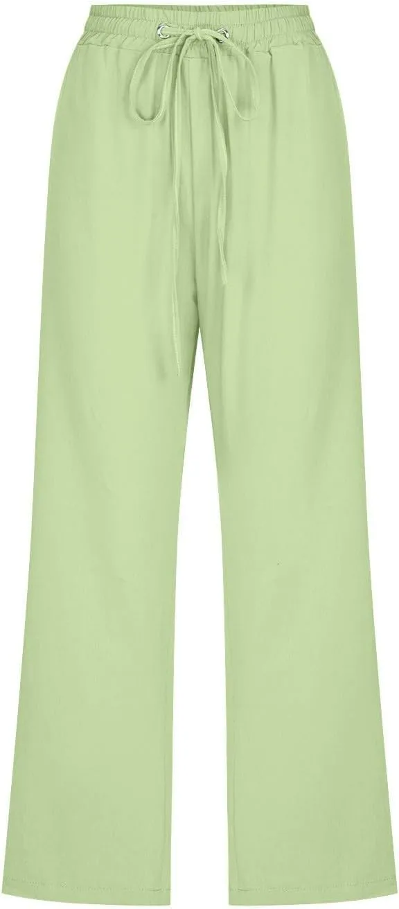 Linen Capris Pants for Women High Waisted Palazzo Trousers Casual Loose Drawstring Elasticated Beach Capris Pant with Pockets