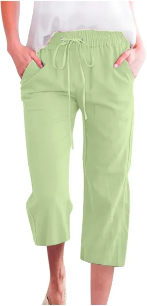 Linen Capris Pants for Women High Waisted Palazzo Trousers Casual Loose Drawstring Elasticated Beach Capris Pant with Pockets