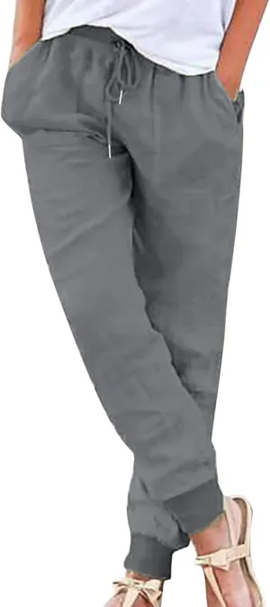Linen Casual Pants for Women Summer Drawstring Elastic Waist Pants Casual Straight Leg Solid Color Trousers with Pockets