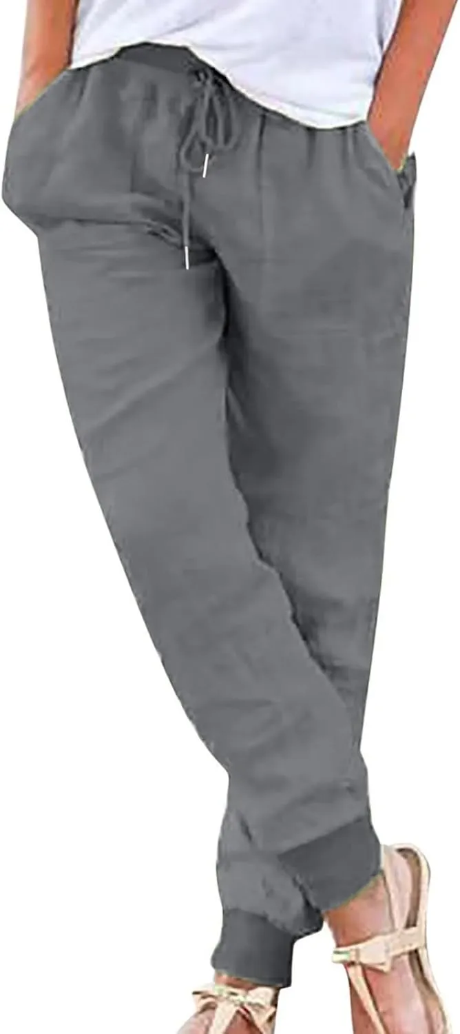 Linen Casual Pants for Women Summer Drawstring Elastic Waist Pants Casual Straight Leg Solid Color Trousers with Pockets