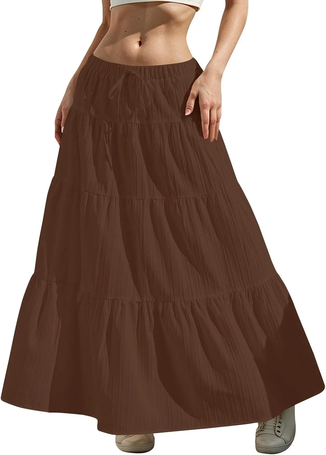 Linen Maxi Skirts for Women Elegant Pleated Tiered A Line Long Skirt Casual Summer Flowy Beach Skirt Vacation Outfits
