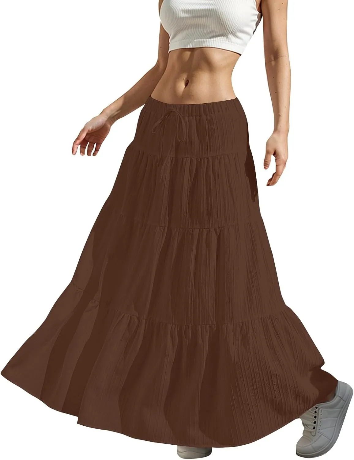Linen Maxi Skirts for Women Elegant Pleated Tiered A Line Long Skirt Casual Summer Flowy Beach Skirt Vacation Outfits