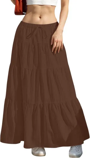 Linen Maxi Skirts for Women Elegant Pleated Tiered A Line Long Skirt Casual Summer Flowy Beach Skirt Vacation Outfits