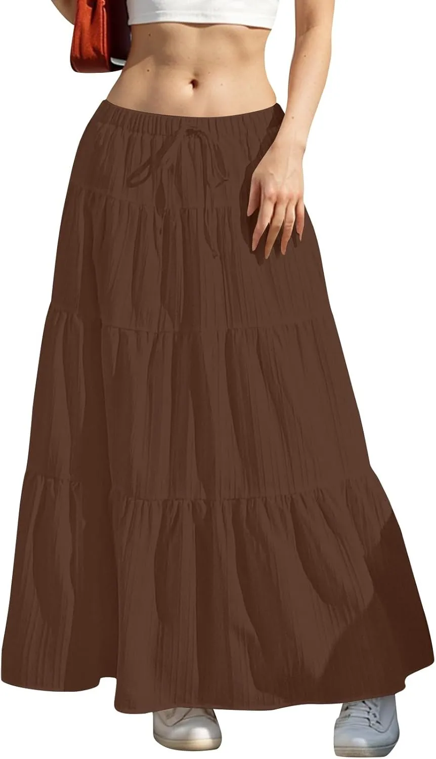 Linen Maxi Skirts for Women Elegant Pleated Tiered A Line Long Skirt Casual Summer Flowy Beach Skirt Vacation Outfits