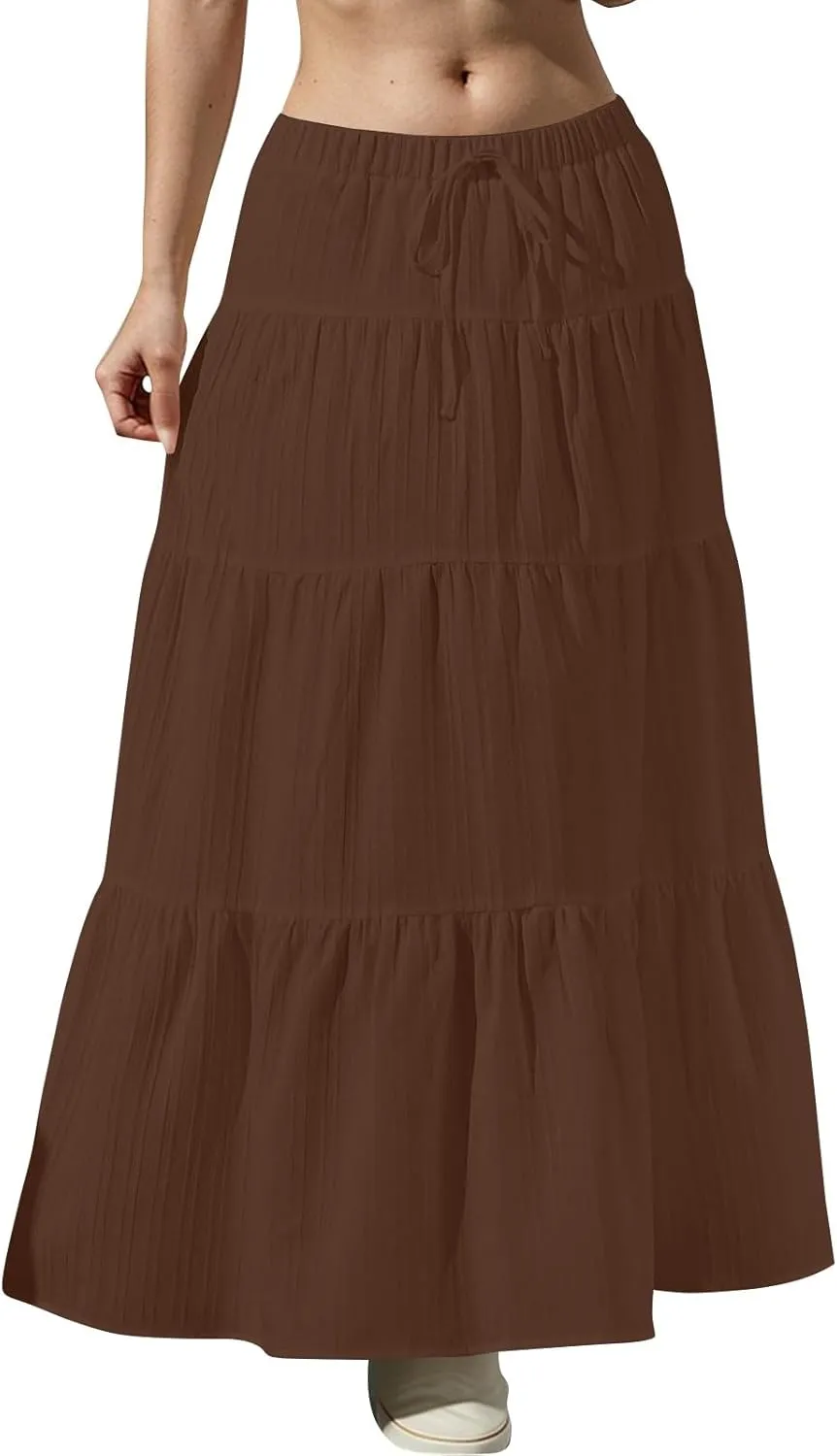 Linen Maxi Skirts for Women Elegant Pleated Tiered A Line Long Skirt Casual Summer Flowy Beach Skirt Vacation Outfits