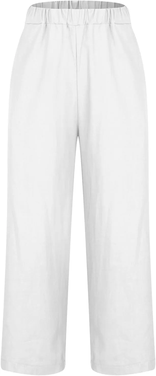 Linen Pants for Women Elastic High Waist Summer Capri Pants Straight Leg Loose Casual Cropped Trousers with Pockets