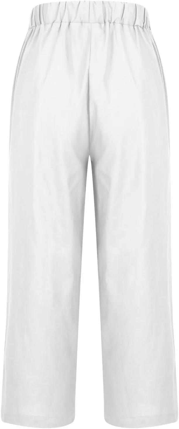 Linen Pants for Women Elastic High Waist Summer Capri Pants Straight Leg Loose Casual Cropped Trousers with Pockets