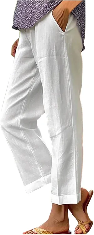 Linen Pants for Women Elastic High Waist Summer Capri Pants Straight Leg Loose Casual Cropped Trousers with Pockets