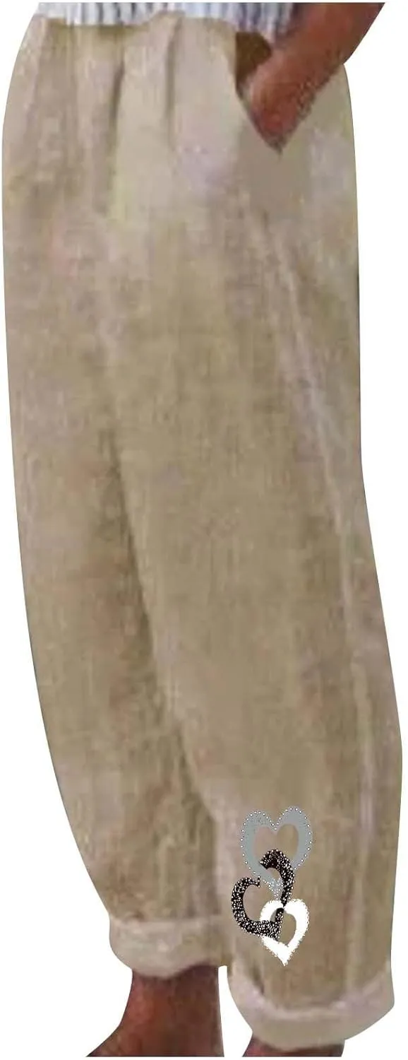 Linen Pants for Women, Summer Boho Elastic Waist Palazzo Trousers, Casual Loose Fit Travel Vacation Beach Pants