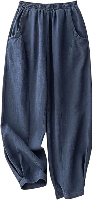 Linen Pants for Women Summer Lightweight High Waist Palazzo Pants Loose Fit Cotton Straight Leg Trouser with Pockets