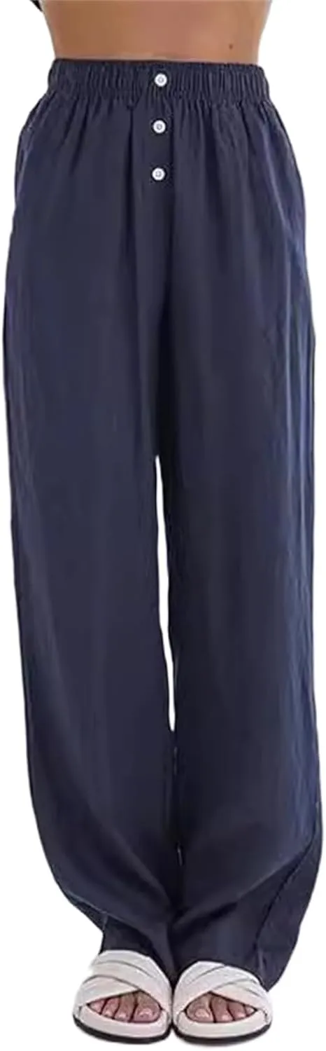 Linen Pants for Women Summer Wide Leg Pant High Waist Palazzo Pants Casual Loose Drawstring Trousers with Pockets