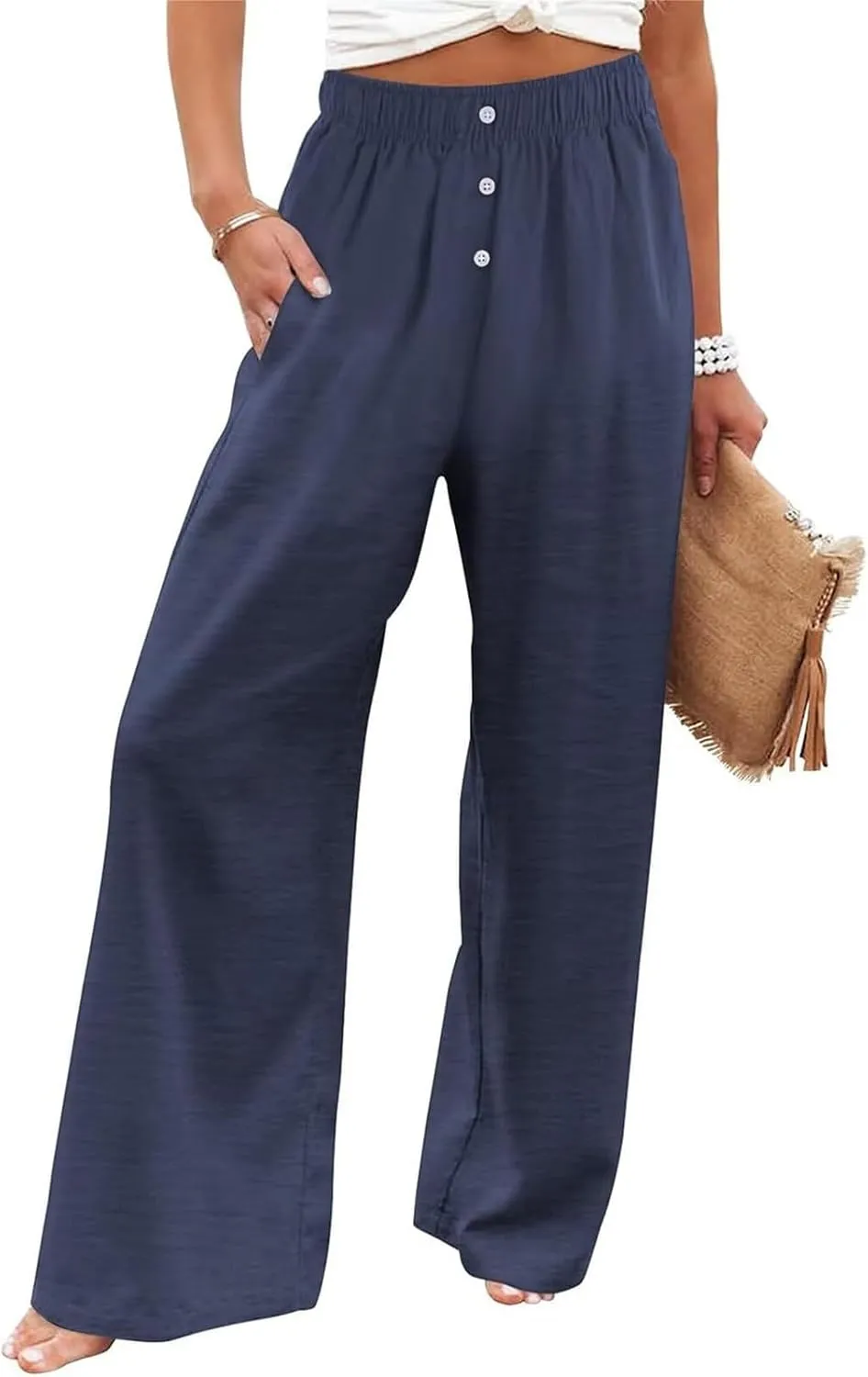 Linen Pants for Women Summer Wide Leg Pant High Waist Palazzo Pants Casual Loose Drawstring Trousers with Pockets