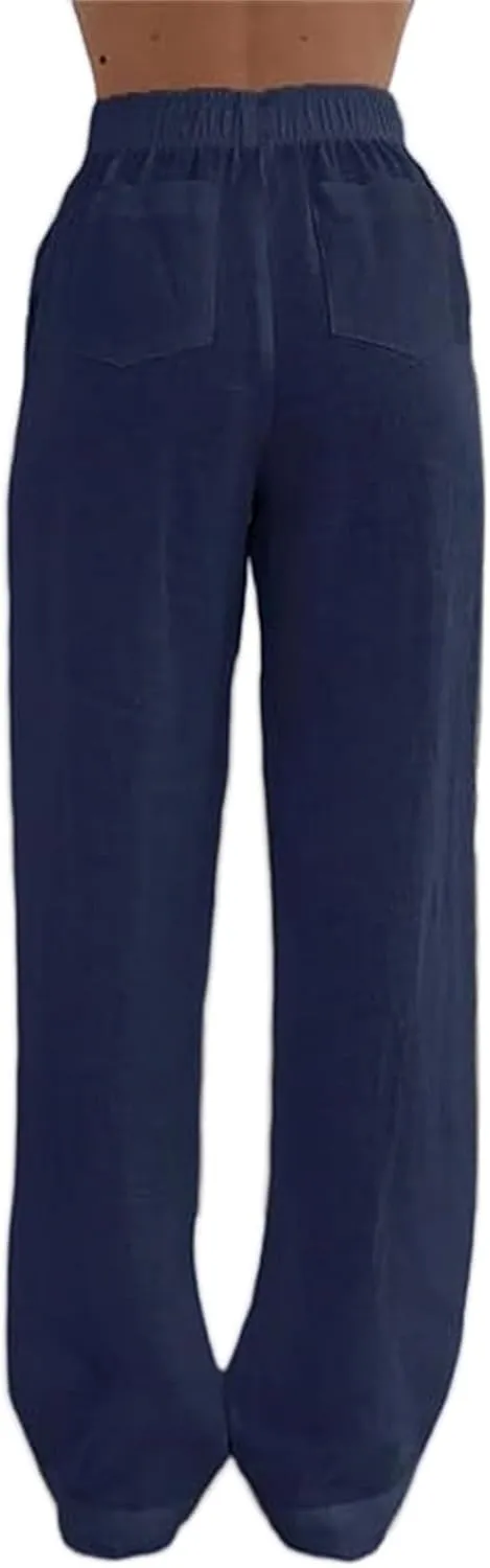 Linen Pants for Women Summer Wide Leg Pant High Waist Palazzo Pants Casual Loose Drawstring Trousers with Pockets