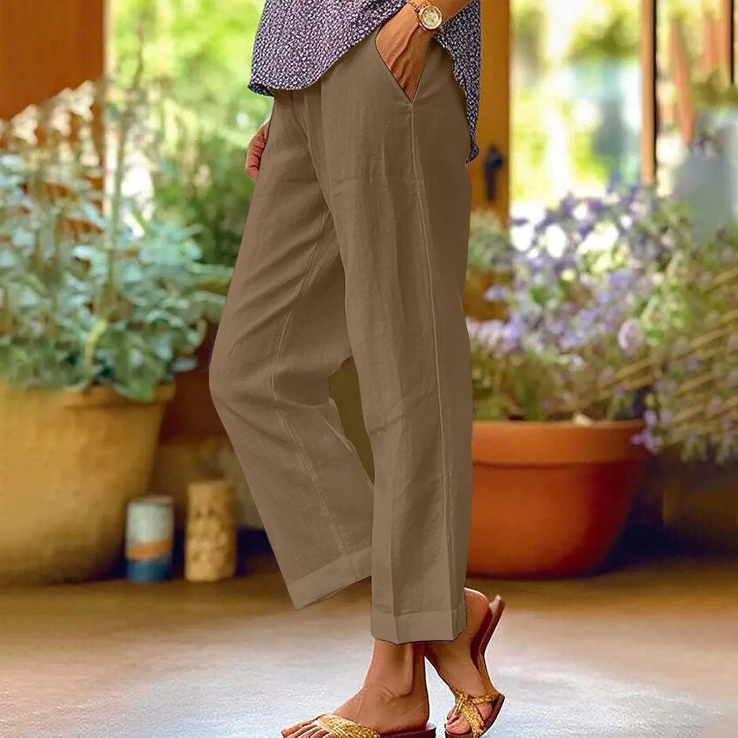 Linen Pants Women, Boho Casual High Waist Straight Leg Trousers, Summer Loose Drawstring Lounge Pants with Pocket