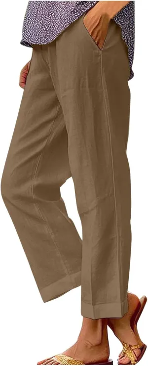 Linen Pants Women, Boho Casual High Waist Straight Leg Trousers, Summer Loose Drawstring Lounge Pants with Pocket