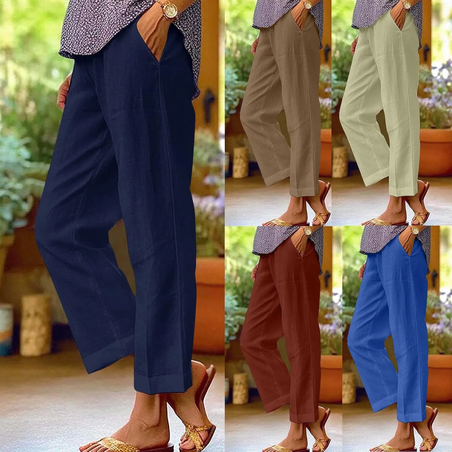 Linen Pants Women, Boho Casual High Waist Straight Leg Trousers, Summer Loose Drawstring Lounge Pants with Pocket