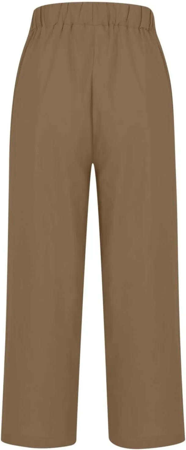 Linen Pants Women, Boho Casual High Waist Straight Leg Trousers, Summer Loose Drawstring Lounge Pants with Pocket