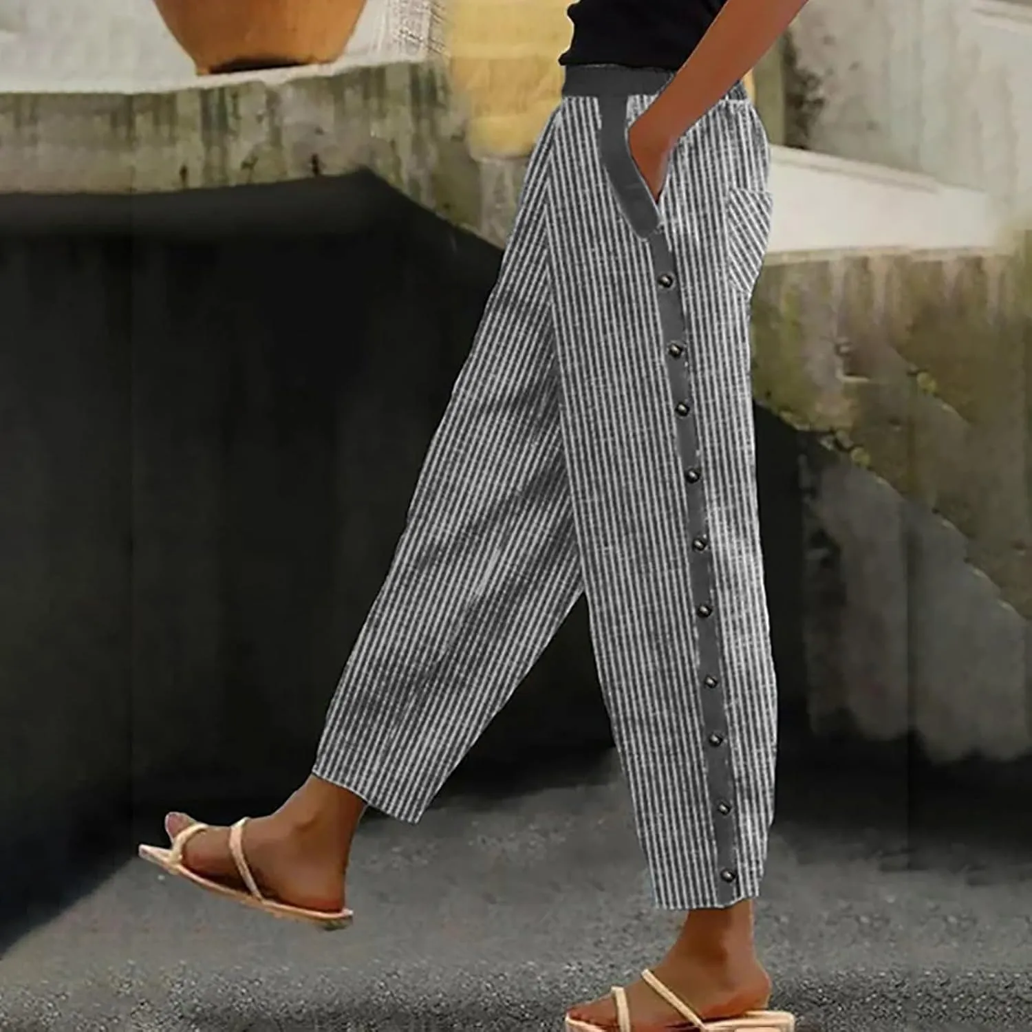 Linen Pants Women Capri Cropped Trousers Comfy Lounge Trouser with Pockets Womens Linen Capri Pants Cotton